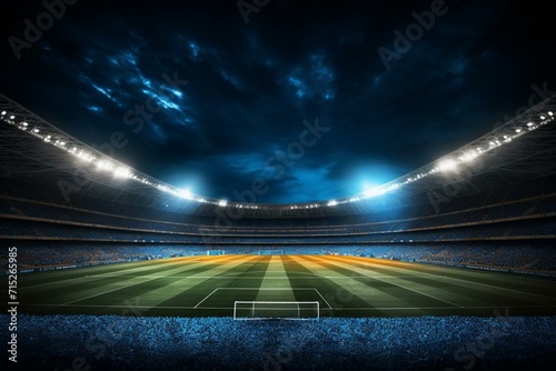 Background of sports stadium at night with defocused 3D lighting in football and cricket. Generative AI photo