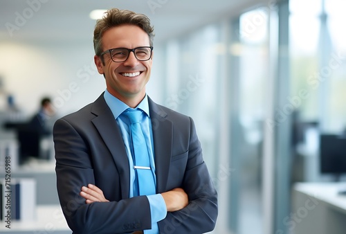 Portrait of a smiling businessman standing with arms crossed in the office