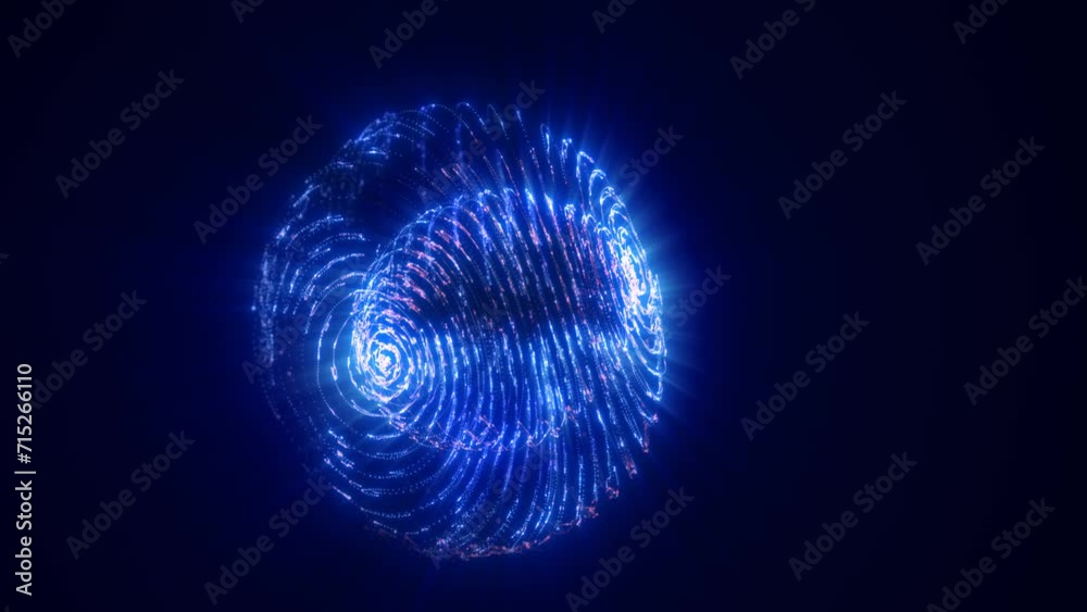 Abstract glowing looped light hi-tech energy blue round ball sphere atom clot of energy from lines and particles futuristic, abstract background Abstract glowing looped light hi-tech energy blue round ball sphere atom clot of energy from lines and particles futuristic, abstract background