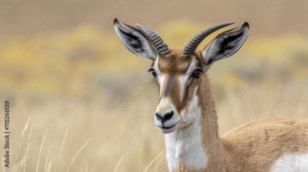 Closeup of a female pronghorns lowered head displaying the delicate curved horns that distinguish her from the males