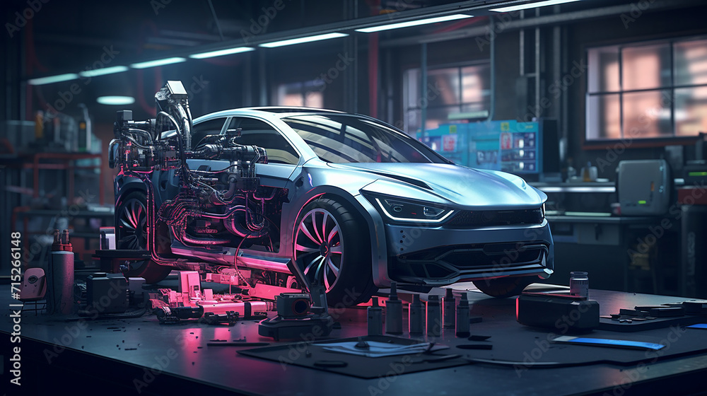 Fototapeta premium an AI robot in a car workshop diagnosing vehicle issues and performing intricate repairs