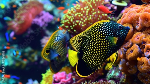 Closeup of a pair of delicate yellow and black angel fish darting through the water surrounded by a sea of colorful marine life © Justlight