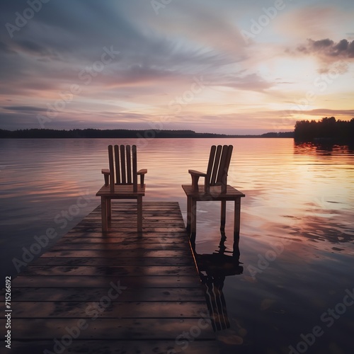 Two Wooden Chairs on a Wood Pier Overlooking © zahidcreat0r