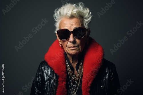 Portrait of stylish senior woman in sunglasses and red fur coat.