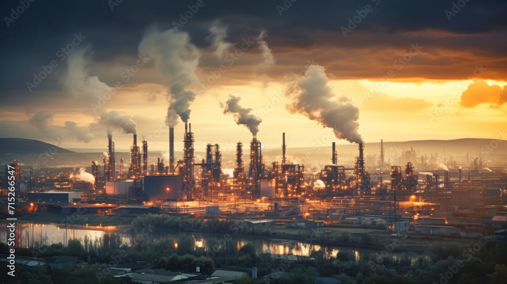 Chemical plant with chimney Smoke from factory chimneys at sunset, environmental issues and air pollution.