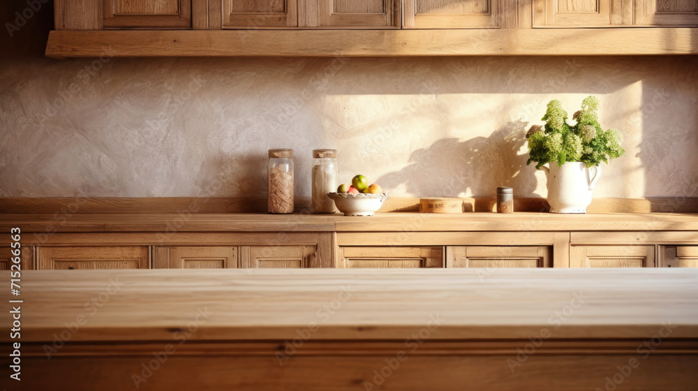 Kitchen With Wooden Cabinets and Potted Plant. Interior of a modern kitchen made of solid wood.