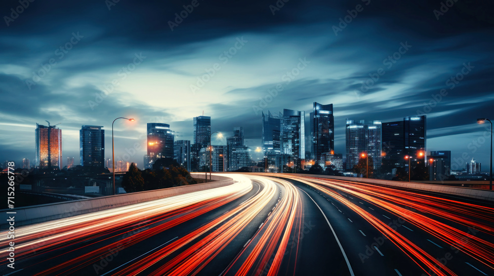 Long Exposure City Night Photo, Blurred Lights Capture the Vibrant Energy of Urban Life