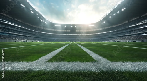 3D render of a large football stadium with green grass and white marking lines
