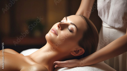 The woman lies with her eyes closed and enjoys. Performs a relaxing and therapeutic suspended head massage. The spa client threw back her head and looked younger. Wellness treatments at the spa.