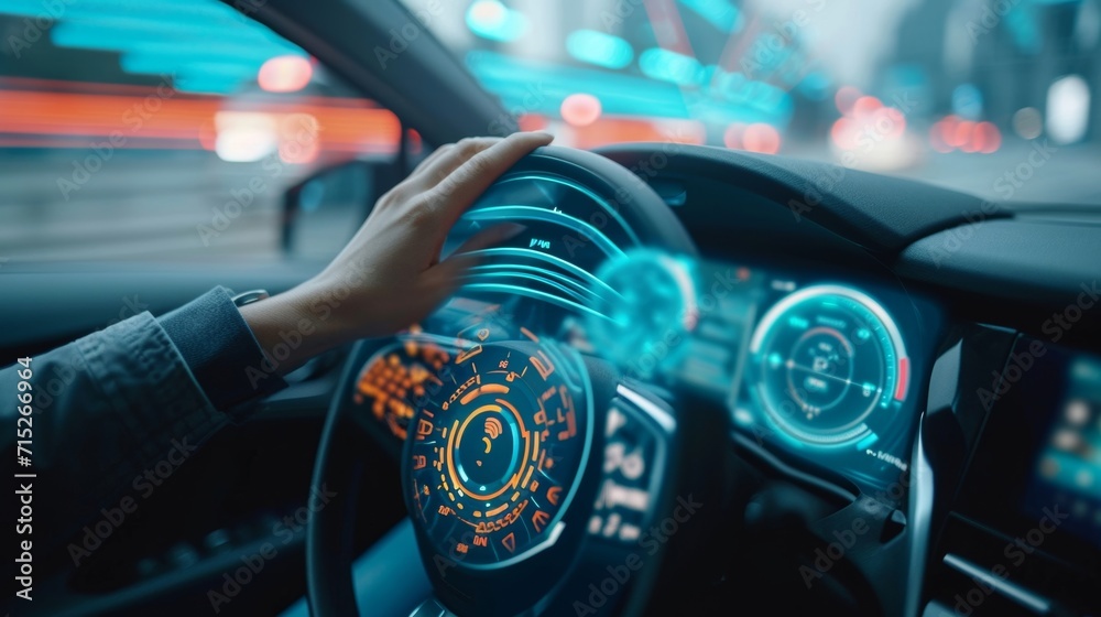 The drivers hand making a circular motion in the air changing the temperature in the car with a gesture control action The drivers hand making a circular motion in the air changing the temperature in the car with a gesture control action