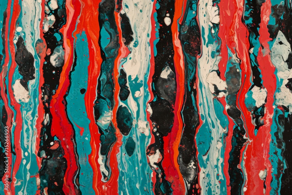 Painting with many Red and Blue Stripes Background - Light Sky-Blue and Dark Black Distorted and Elongated Forms - Bold Marbleized Block Illustration Marbleized created with Generative AI Technology