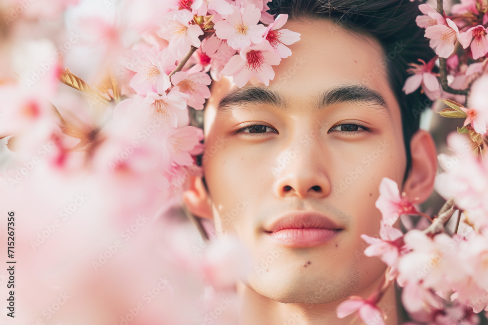 桜の花とアジア人男性 メンズビューティー 桜の花とアジア人男性 メンズビューティー
