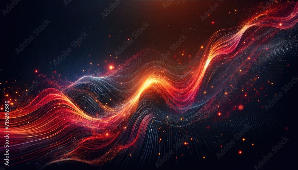 Obraz premium Digital art abstract depicting a dynamic cosmic wave of light particles flowing through space, representing energy and motion.