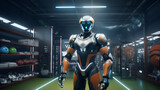 an AI robot in a sport equipment shop offering advice on gear based on sports preferences