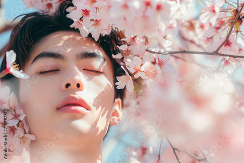 桜の花とアジア人男性 メンズビューティー