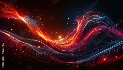 Digital art abstract depicting a dynamic cosmic wave of light particles flowing through space, representing energy and motion.