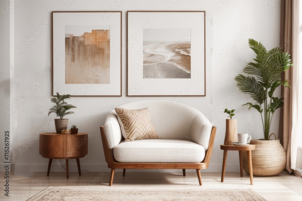 Fototapeta premium Bohemian Interior home design of living room with wooden armchair and art poster frame