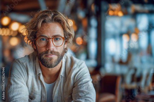 Portrait of a handsome male model wearing glasses, facing forward, a man with a good figure. Image generated by AI