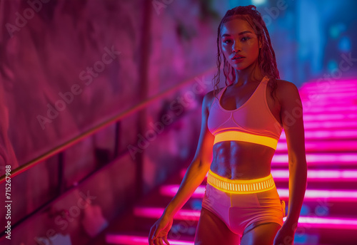 Portrait of a young female model walking down the stairs. Beautiful girl wearing a sexy outfit, image created by ai