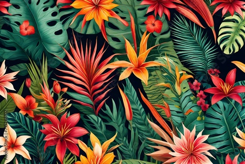 A tropical setting featuring vibrant and exotic flowers  showcasing the richness of color and unique shapes found in tropical floral motifs