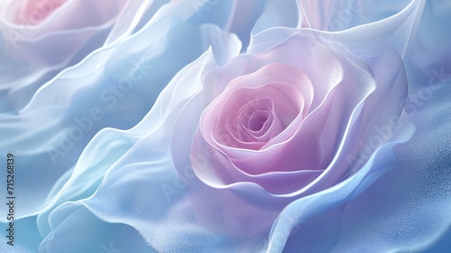 Wavy rose, misty blue and soft lavender, adorned with frost, dancing in a tranquil winter scene.