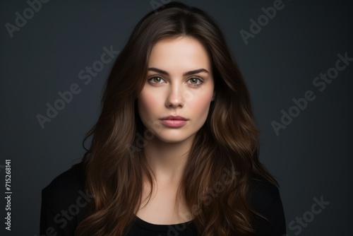 Portrait of a beautiful young woman with long brown hair and makeup