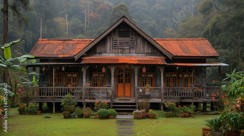 An Ai generative image of old style wooden Malay kampung house surrounding with tropical jungle. photo