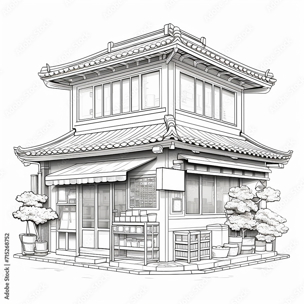 Coloring book, vintage of ramen shop in Japan.  on a white background.