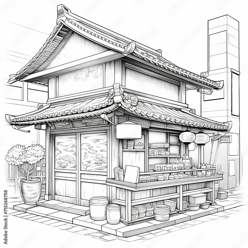 Coloring book, vintage of ramen shop in Japan.  on a white background.