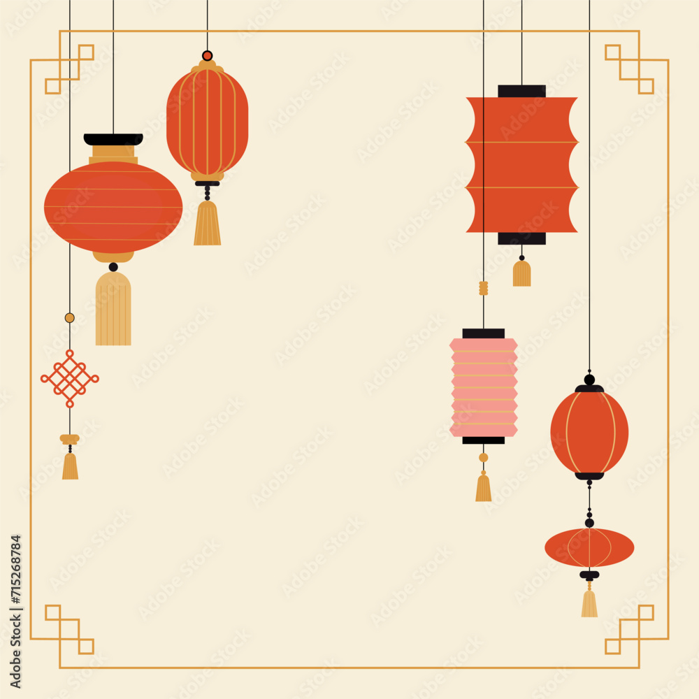 Chinese lanterns background. Traditional red Asian lamps. New year celebration banner. Contemporary decorative poster. Festive garland and copy space for text. Minimalist design vector illustration Chinese lanterns background. Traditional red Asian lamps. New year celebration banner. Contemporary decorative poster. Festive garland and copy space for text. Minimalist design vector illustration