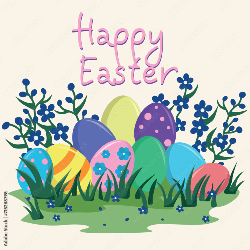 Happy easter. Decorated eggs in the grass with flowers Happy easter. Decorated eggs in the grass with flowers
