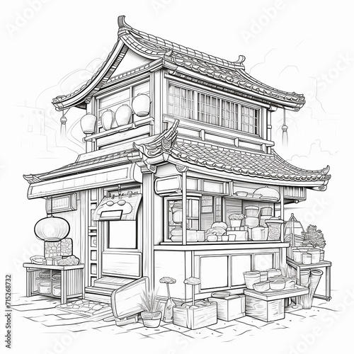 Coloring book, vintage of ramen shop in Japan. on a white background.