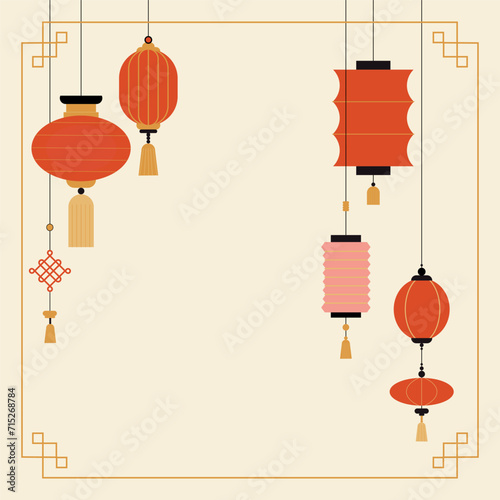 Chinese lanterns background. Traditional red Asian lamps. New year celebration banner. Contemporary decorative poster. Festive garland and copy space for text. Minimalist design vector illustration