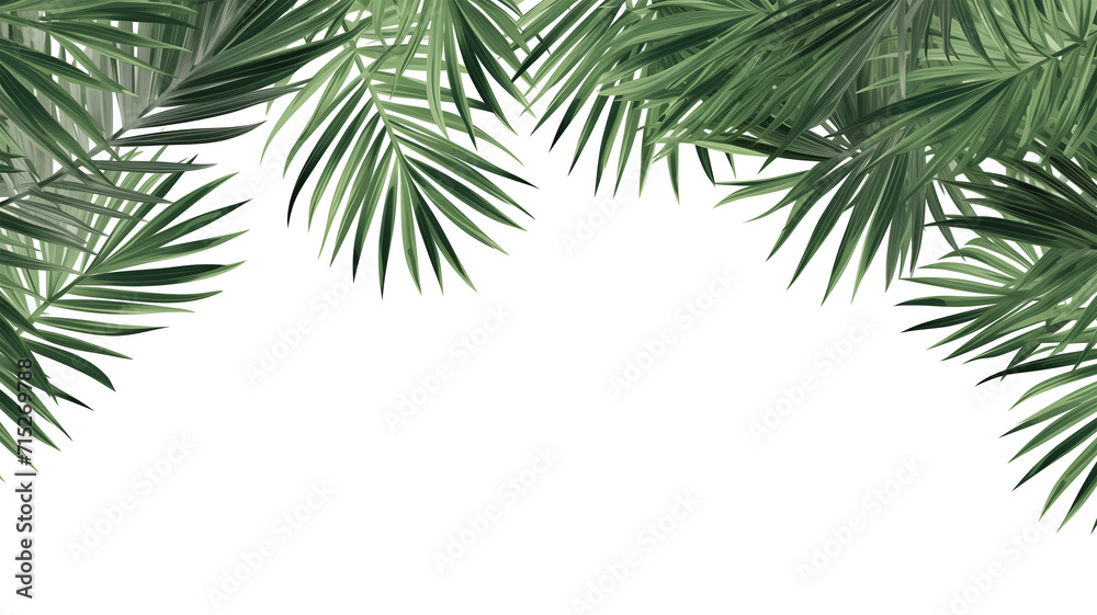 palm tree leaves overlay texture, border of fresh green tropical plants isolated on transparent background
