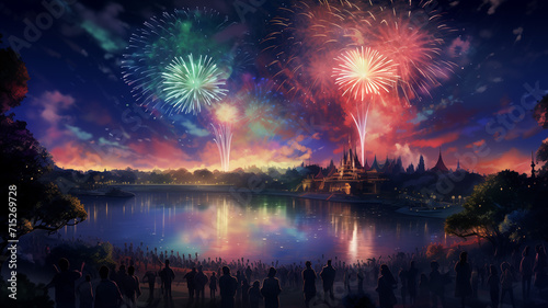 Capture the excitement with an illustration of colorful fireworks lighting up the night sky