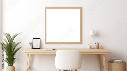 Mockup frame poster Home office concept. Empty vertical wooden picture © Teerasak