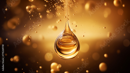 Oil drops. Serum droplet with air bubbles. Skincare gold drops.