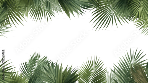 palm tree leaves overlay texture, border of fresh green tropical plants isolated on transparent background photo