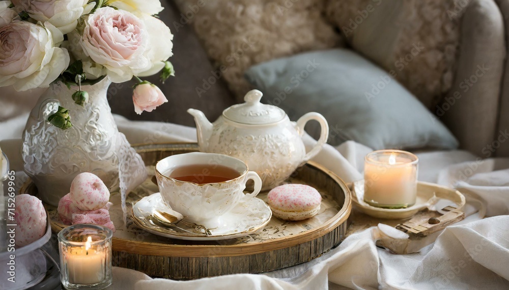 still life with cup of coffee and flowers, Cozy Morning Tea with Biscuits on Wooden Tray