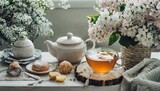 tea with lemon and cinnamon, Cozy Morning Tea with Biscuits on Wooden Tray
