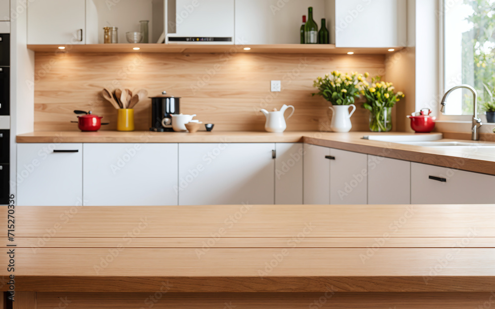 Wooden table against a blurred kitchen counter. Empty table amid a softly blurred kitchen backdrop. Wooden table against a blurred kitchen counter. Empty table amid a softly blurred kitchen backdrop.