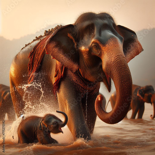 An elephant splashes water on her baby with a melody Ai generated art