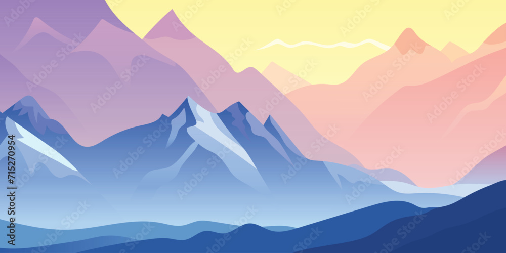 Sunrise in the mountains, morning haze and fog, vector illustration