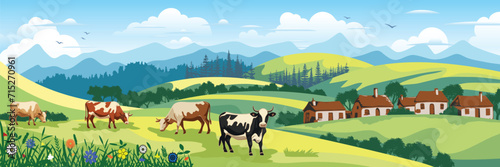 Panoramic view of spring landscape  countryside and village  cows grazing in a green meadow  vector illustration