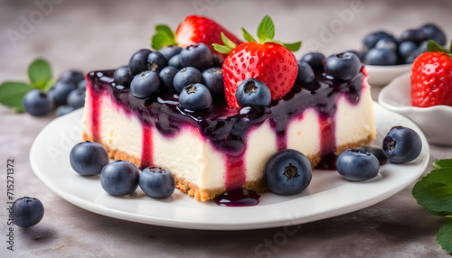 Delicious blueberry cheesecake with fresh strawberry on white plate.