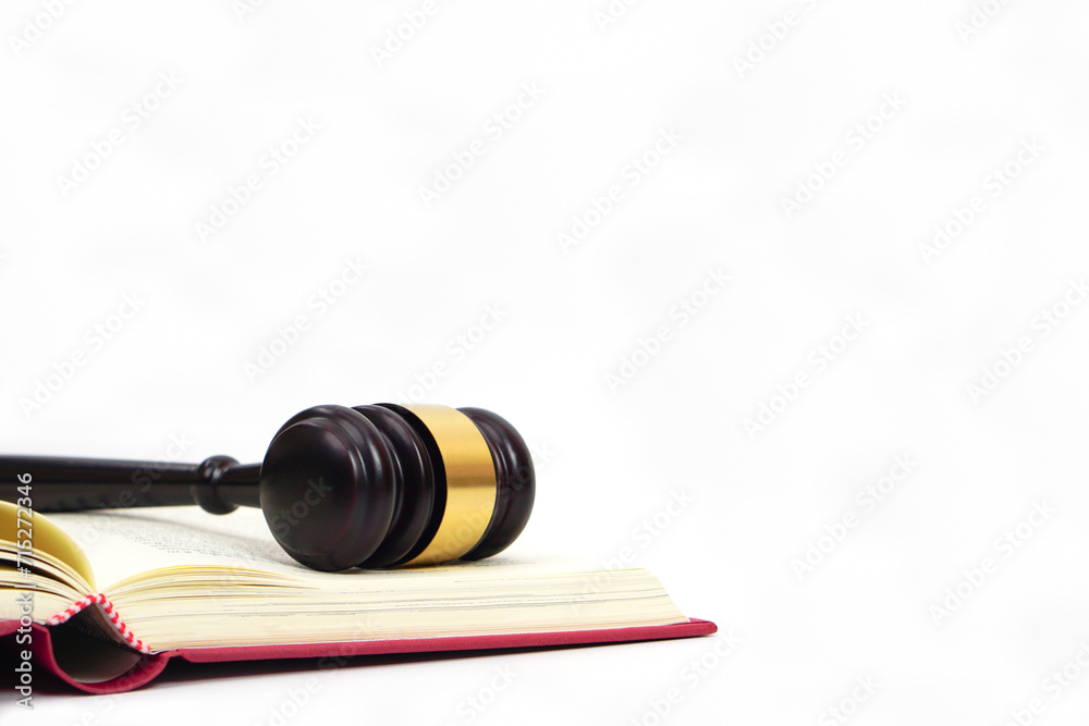 Gavel of judge placed on law book on white background. Law, lawyer, legal, judiciary concept.