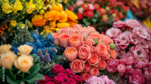Immerse in the whimsical beauty of a French flower market with a vibrant display of blooms, showcasing the color palette and fragrant atmosphere that define the floral aesthetics o