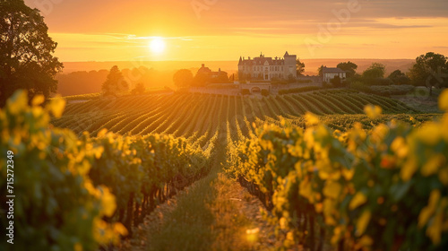 Indulge in the luxury of a French vineyard sunset, featuring rows of grapevines bathed in golden light, an elegant château in the distance, and the promise of a fine Bordeaux to sa