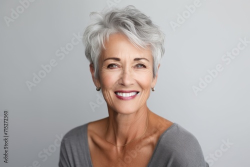 Portrait of a beautiful senior woman smiling at the camera while standing against grey background