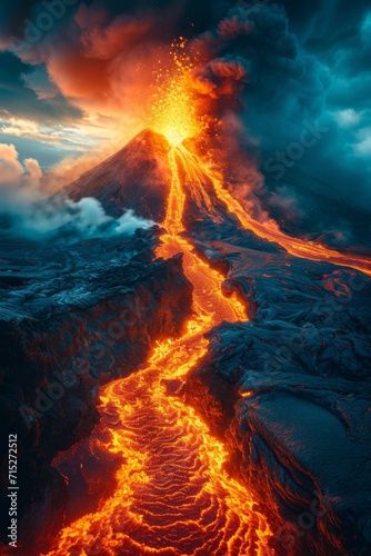 Active volcano erupting, vivid lava flowing down, smoky sky above, intense and dramatic scene, nature and disaster theme